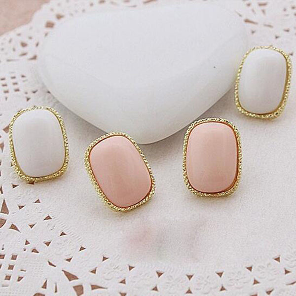 Bordered Pink Rectangle Gem Stud Earring